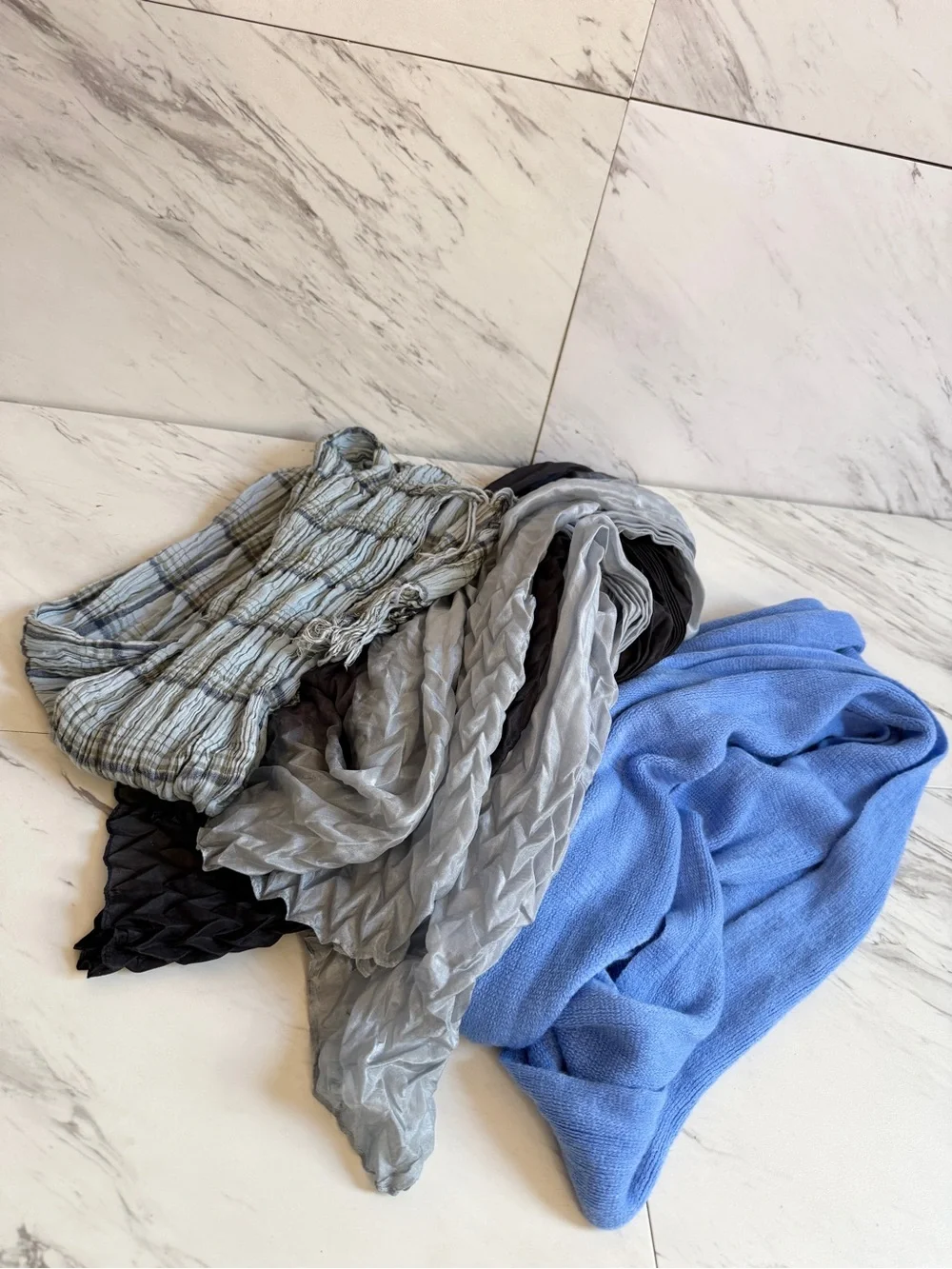 3/$50 BUNDLE 3 Blue Infinity Ombre Chevron Plissé Pleat & Plaid Fringed Scarves